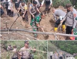 TNI-Polri dan Pemda Tator Gotong Royong Bersihkan Longsor di Bittuang