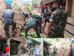 Koramil 05 Sanggalangi Gorong Royong Bersihkan Tanah Longsor