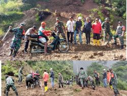 TNI Koramil Rantepao Bantu Warga Melintasi Jalan Longsor