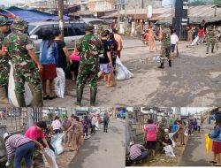 Personel Koramil Rantepao Gotong Royong Bersihkan Sampah Pasar Bolu